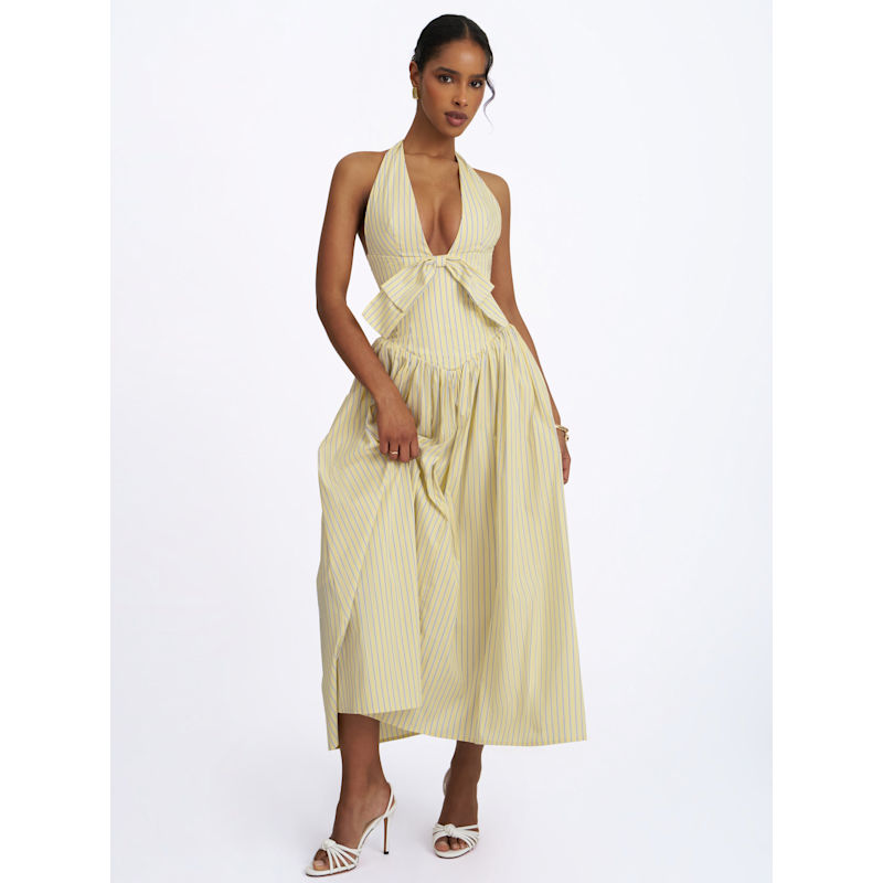 Thumbnail of Talise Lemon Yellow Cotton Poplin Stripe Plunging Halter Maxi Dress image