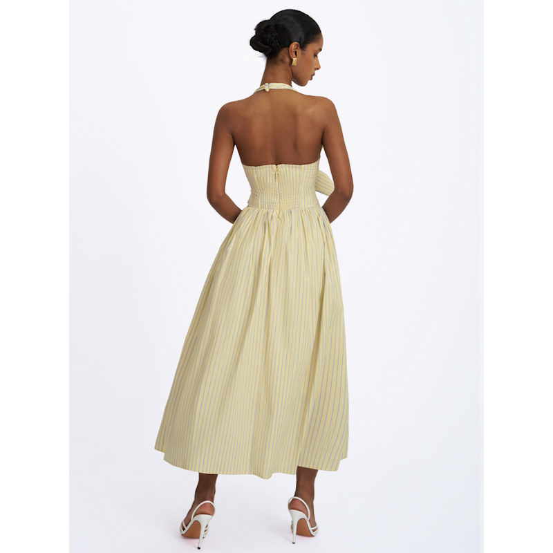 Thumbnail of Talise Lemon Yellow Cotton Poplin Stripe Plunging Halter Maxi Dress image
