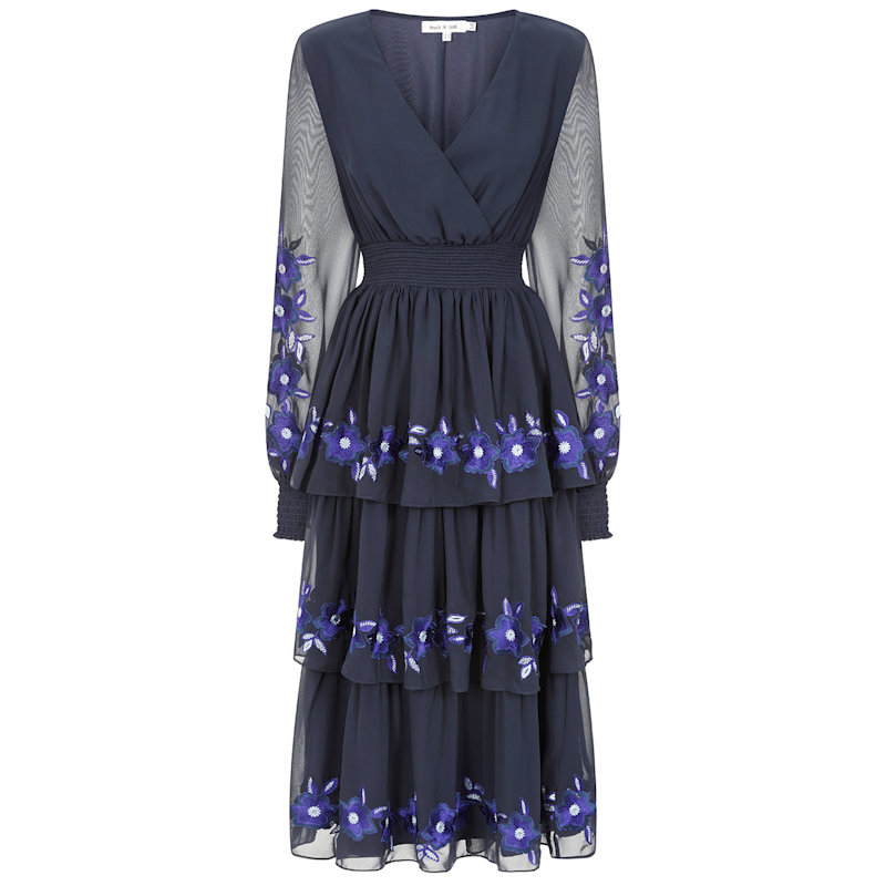 Frock And Frill Floral Embroidered Tiered Midi Dress - Blue
