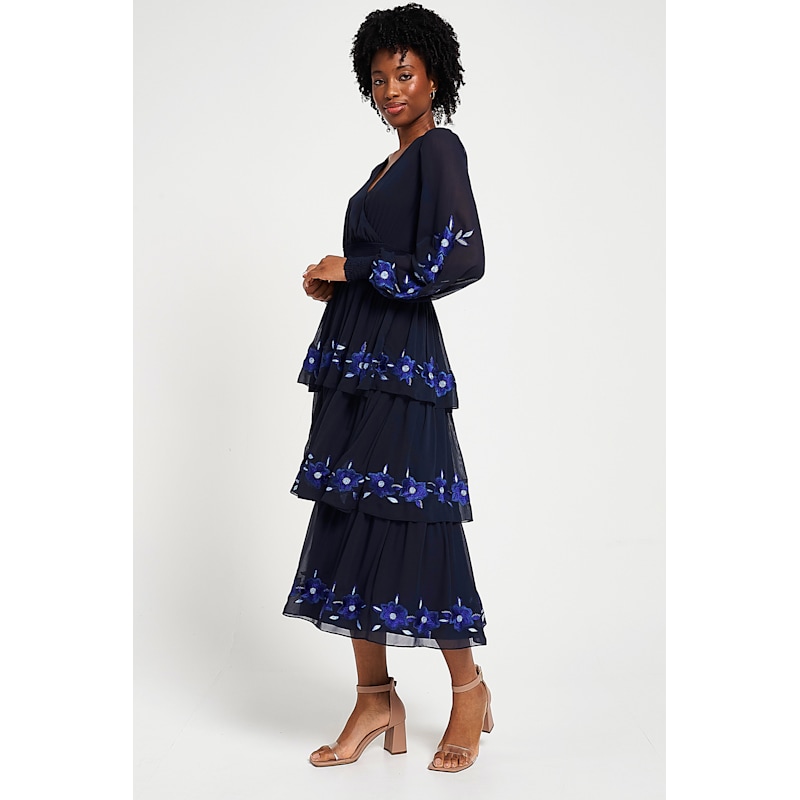 green emerald velvet dress Navy Floral Embroidered Tiered Suzie Midi Dress main image 0
