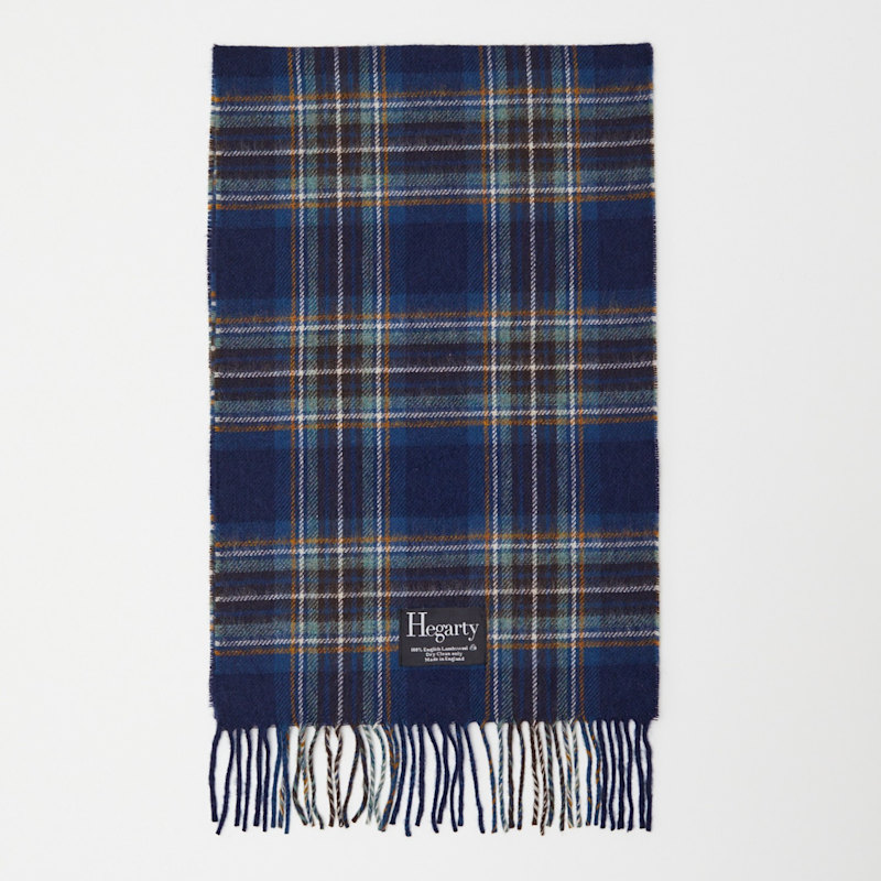 Tan Check Blue Tartan Lambswool Scarf Mens | Hegarty | Wolf & Badger