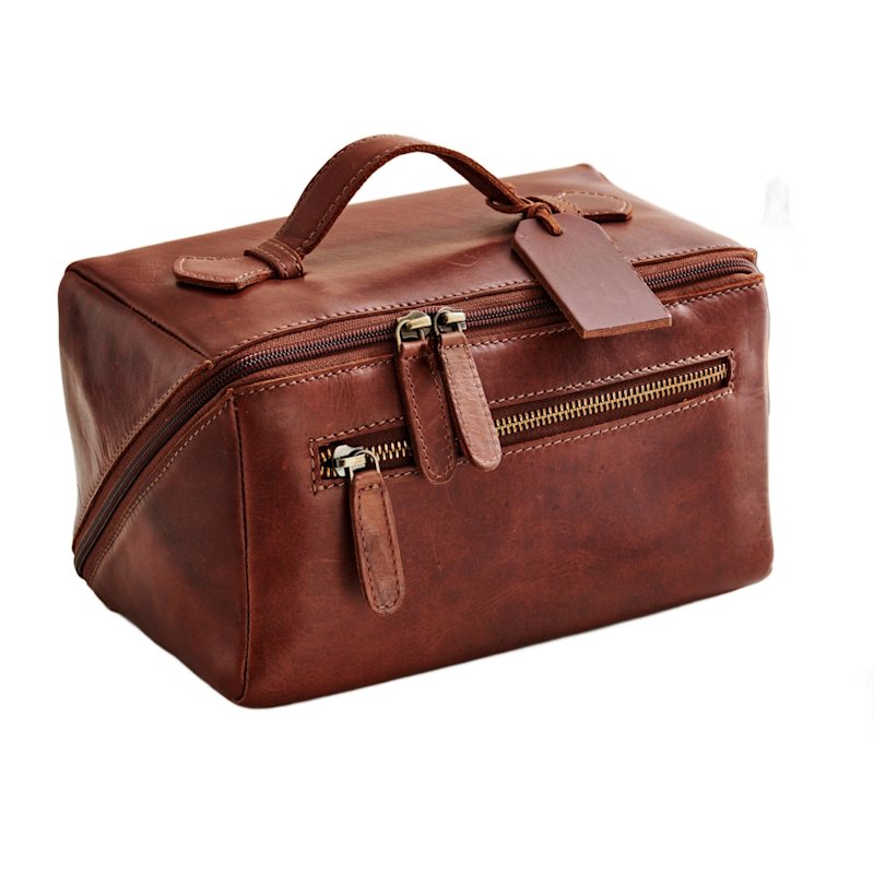 Thumbnail of Tan Leather Lay Flat Wash Bag image