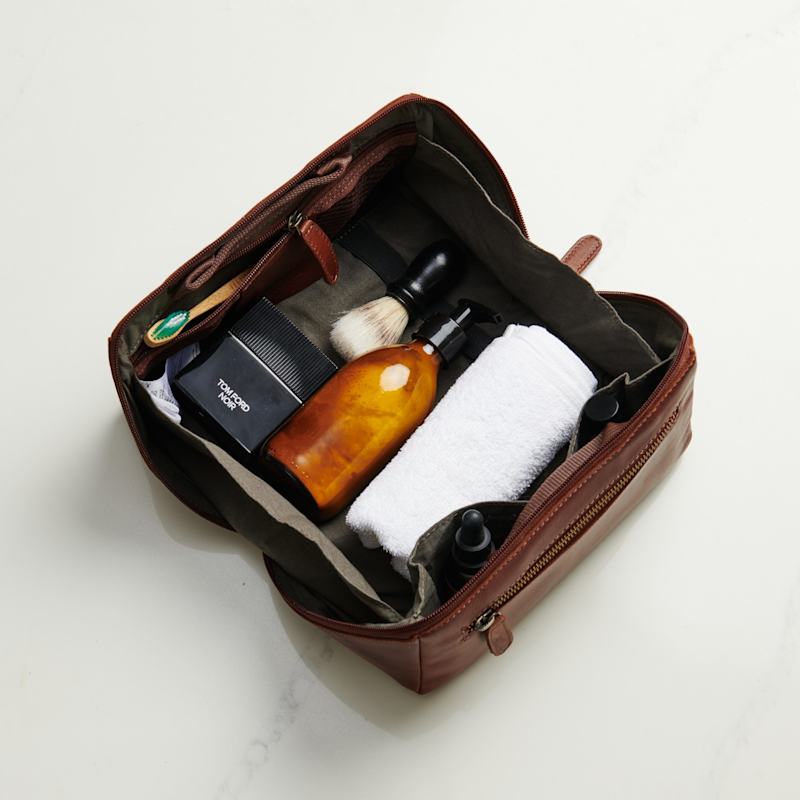 Thumbnail of Tan Leather Lay Flat Wash Bag image