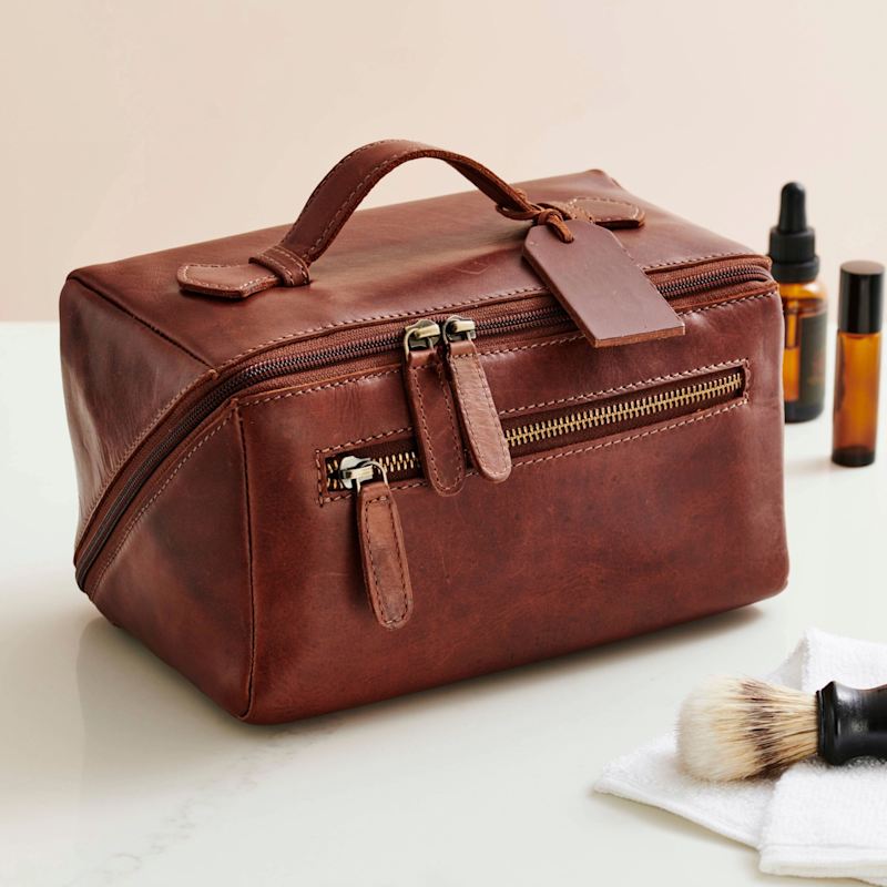 Thumbnail of Tan Leather Lay Flat Wash Bag image