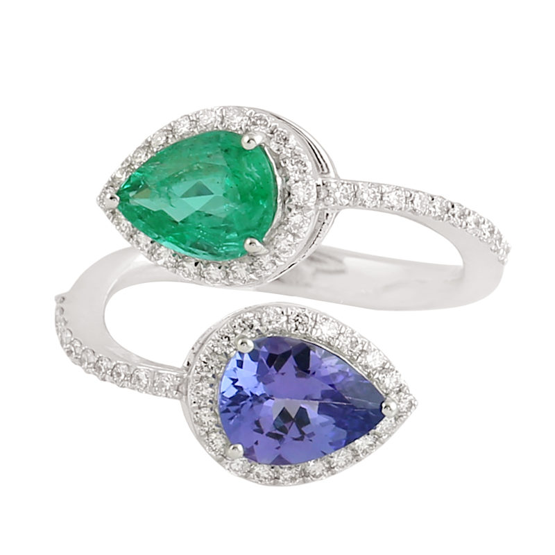 Thumbnail of Emerald & Tanzanite Diamond Open Bypass Ring in 18k White Gold image