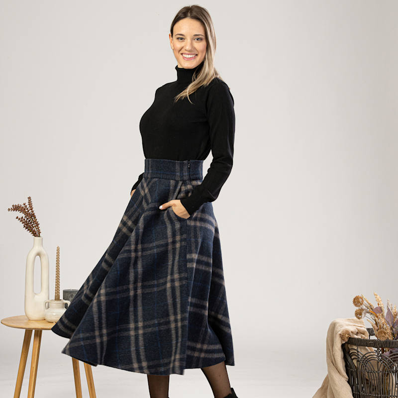 Thumbnail of Wool Midi Tartan Skirt With High Waist & Pockets In Plaid Colour image