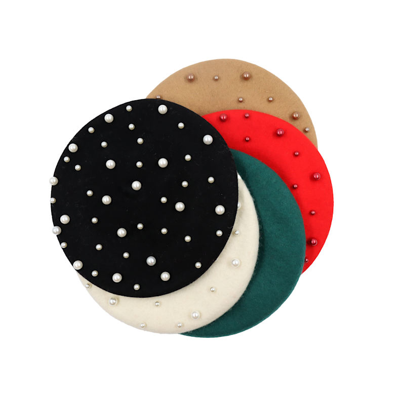 Thumbnail of Taylor - Mocha Mousse Brown Wool Beret Hat - Embellished Pearls -  Adult Size image