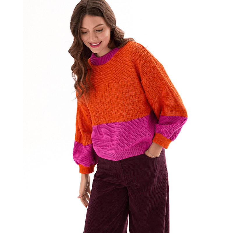 Thumbnail of Taz Colour Block Balloon Sleeve Jumper in Orange & Pink image