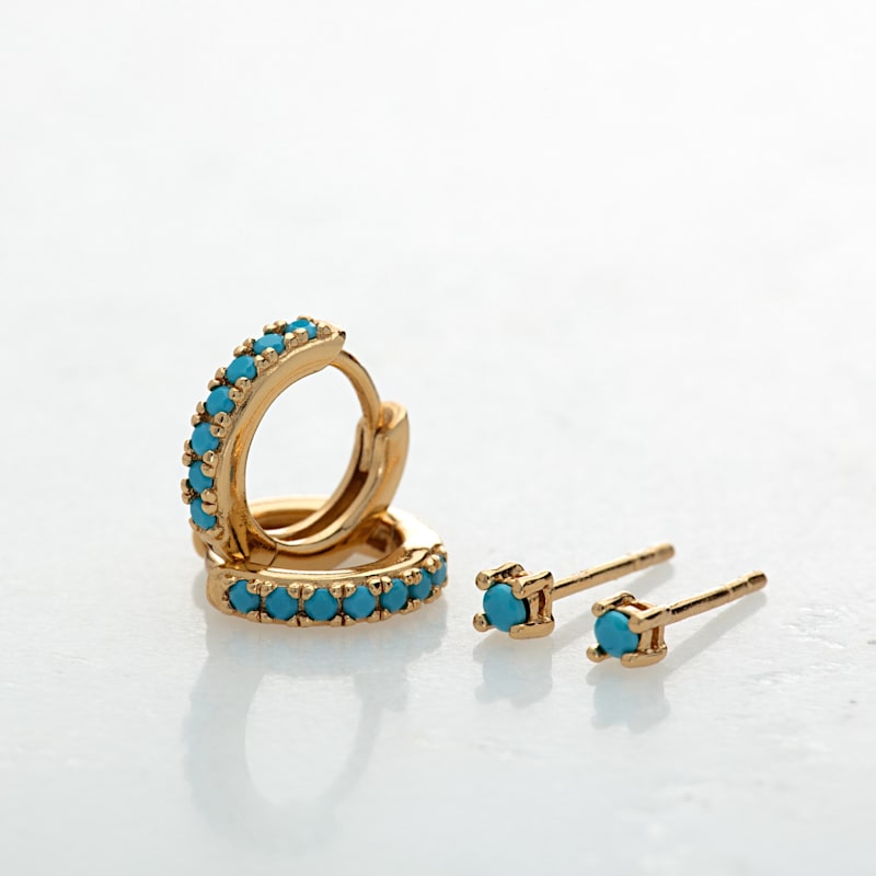 Thumbnail of Gold Turquoise Stone Huggie & Tiny Stud Set Of Earrings image