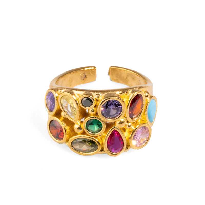Thumbnail of Teardrop Colorful Multi Gemstone & Gold Adjustable Statement Ring - Multicolor image