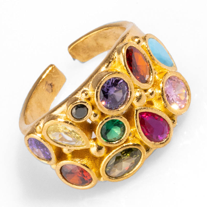Thumbnail of Teardrop Colorful Multi Gemstone & Gold Adjustable Statement Ring - Multicolor image