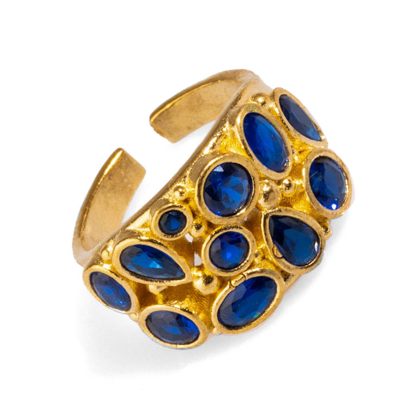 Thumbnail of Teardrop Sapphire Stone & Gold Adjustable Statement Ring - Blue image