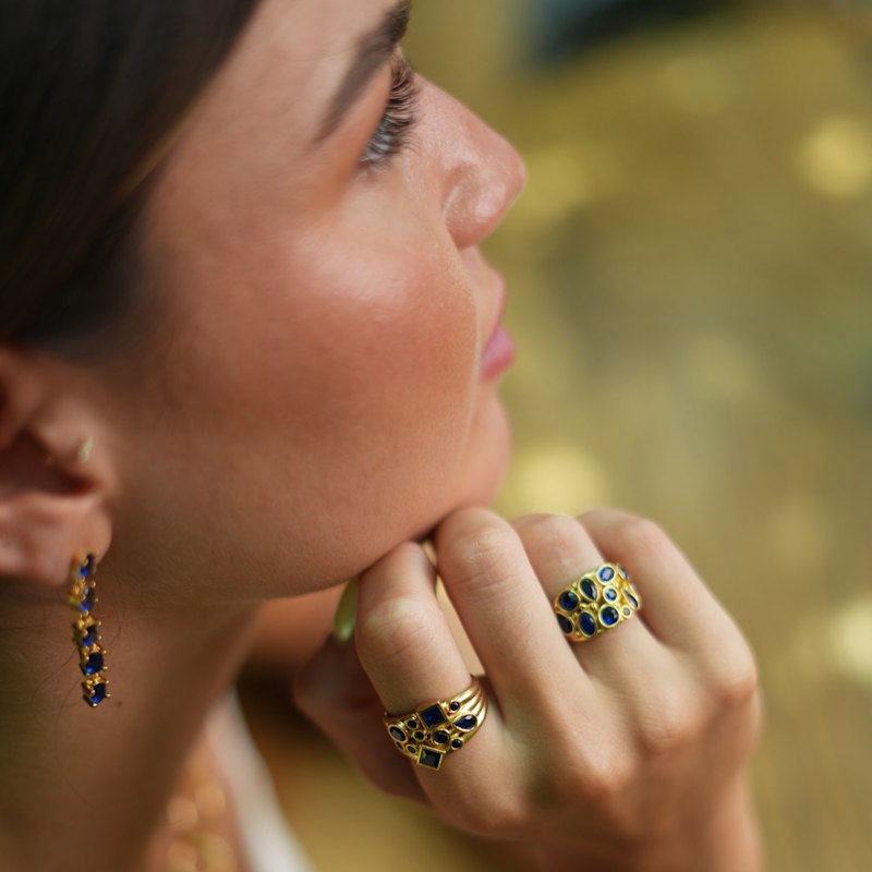 Thumbnail of Teardrop Sapphire Stone & Gold Adjustable Statement Ring - Blue image