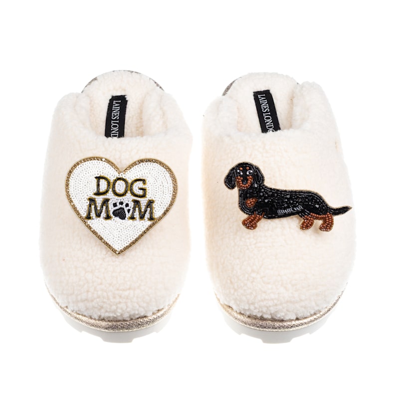 Teddy Closed Toe Slippers With Dog Mum/Mom Black Tan Dachshund