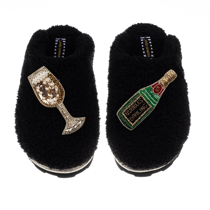 Thumbnail of Teddy Towelling Closed Toe Slippers With Embellished Bubbles Darling Brooches - Black image
