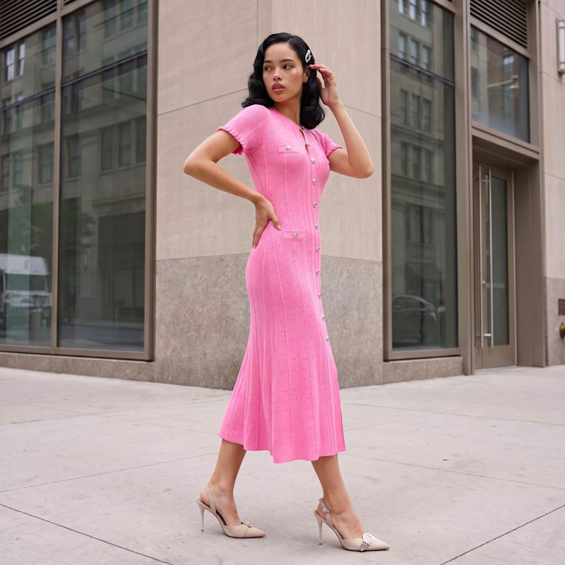 Button Front Knit Midi Dress with Short Sleeves and Textured Detail Rose gold / S