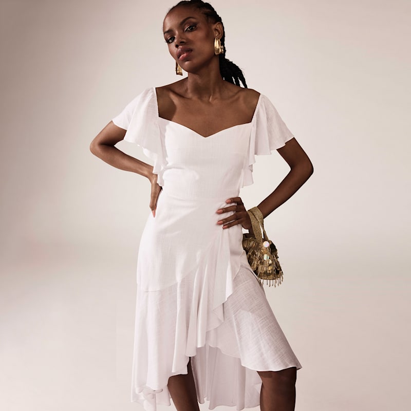 Thumbnail of Thalia White Linen Off-Shoulder Or On-Shoulder Midi Cocktail Dress With Ruffles image