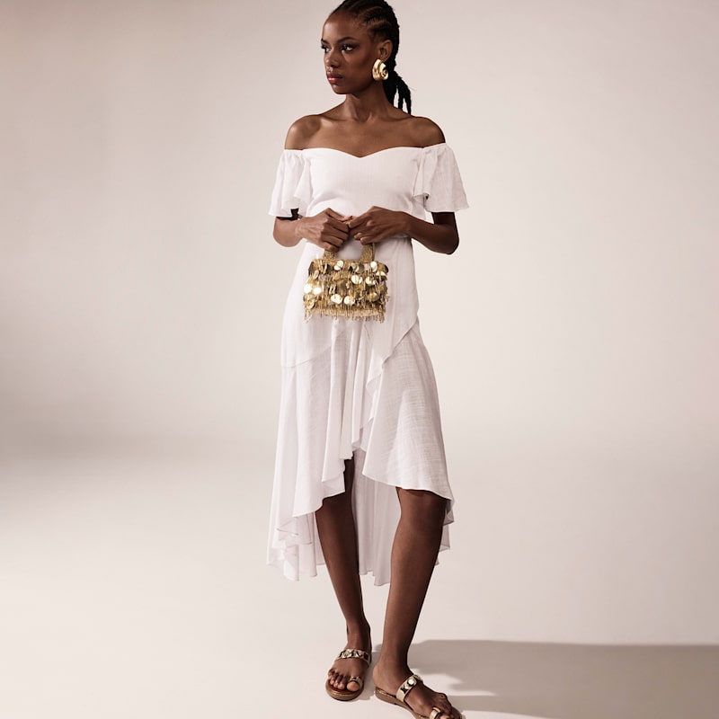 Thumbnail of Thalia White Linen Off-Shoulder Or On-Shoulder Midi Cocktail Dress With Ruffles image