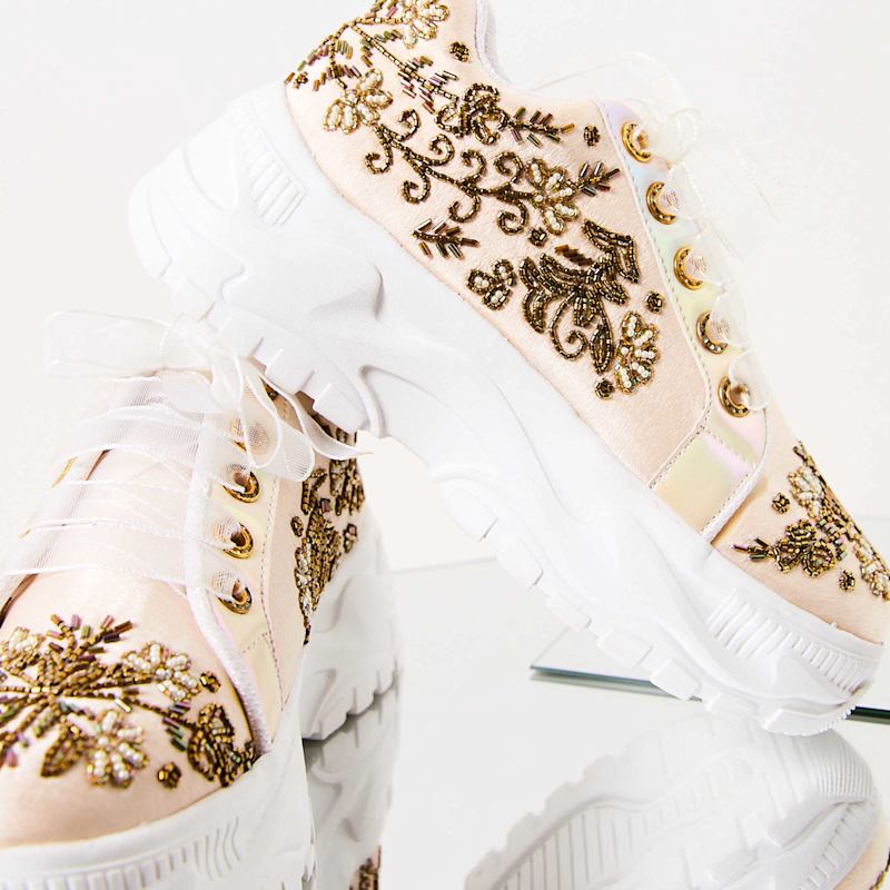 Thumbnail of Diana Luxury Buttermilk Satin Handmade Embellished Trainer image