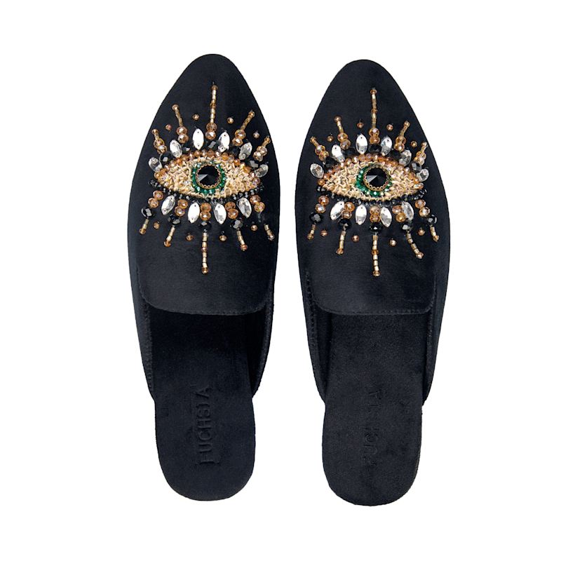 Thumbnail of The Good Eye - Vegan Handmade Crystal Embroidery Mules By Fuchsia Shoes - Black image