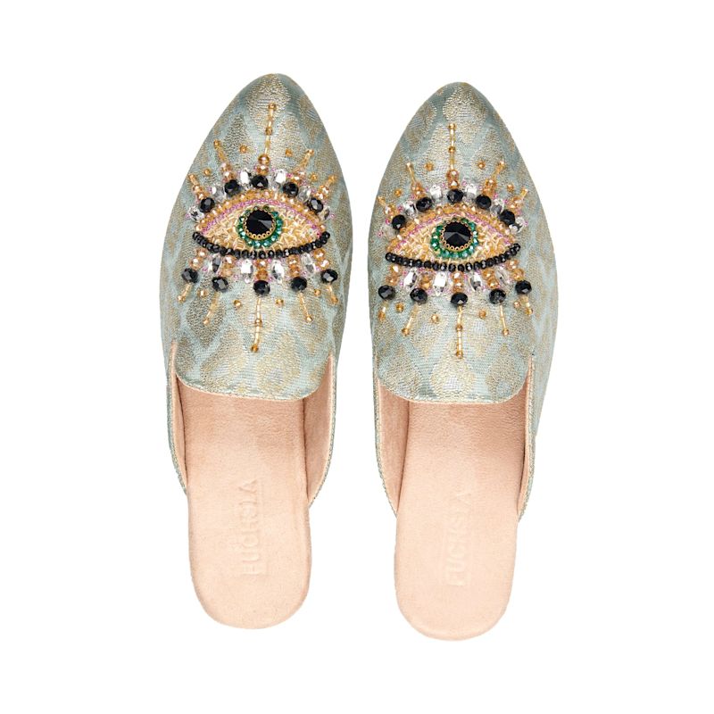Thumbnail of The Good Eye - Handcrafted Crystal Embroidered Vegan Mules By Fuchsia Shoes - Mint image