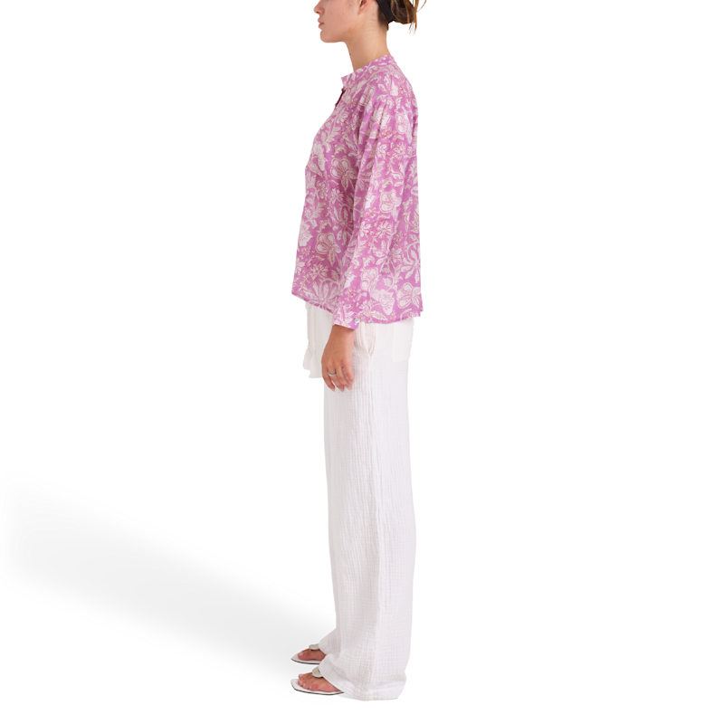 Thumbnail of The Heather Purple Handprinted Cotton Banded Collar Shirt image