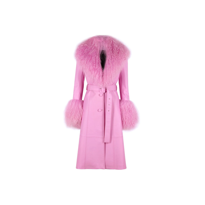 The Iconic Pink Long Sheepskin Coat Trench With Fur Poufs