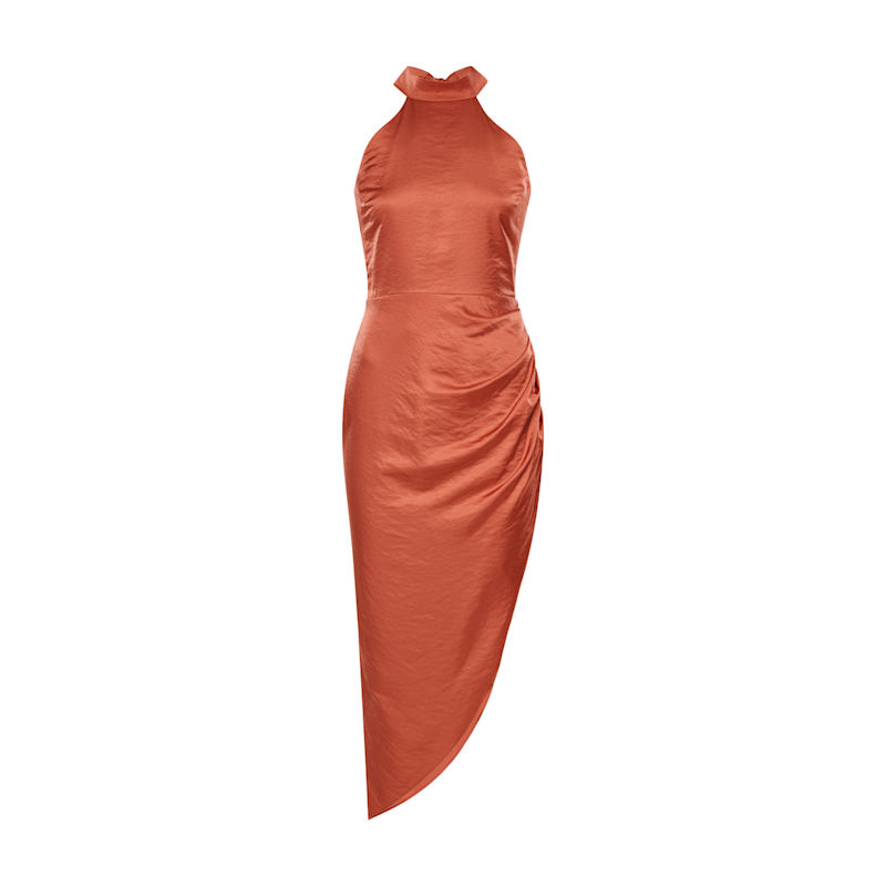 Halter Neck Asymmetric Satin Dress Lulu In Burnt Orange Altera