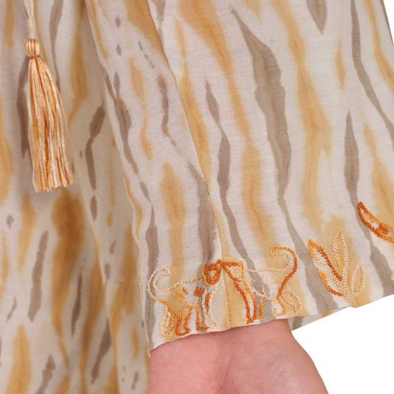 Thumbnail of The Ruthie Silk And Organic Cotton Yellow Tiger Print Embroidered Kaftan Dress image