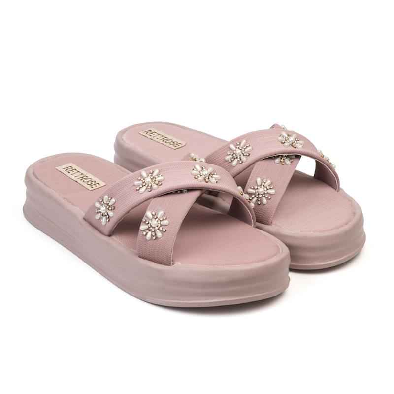 Thumbnail of The Safira Pink Luxury Cross Over Embellished Slides image