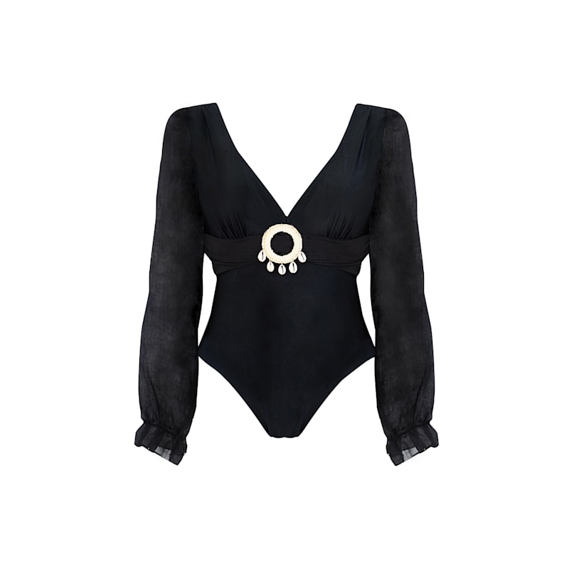 Thumbnail of The Siren’S Embrace - Long Sleeve One-Piece Swimsuit With Seashell Black image