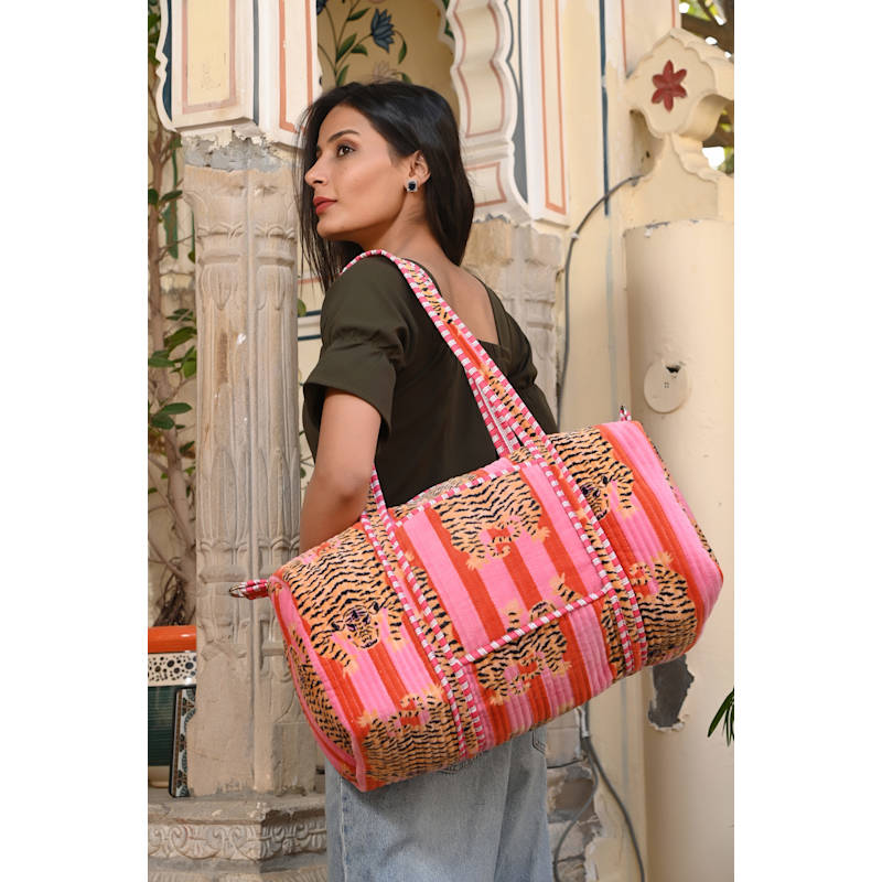 Thumbnail of The Tibetan Tiger Velvet Weekender - Orange And Pink image