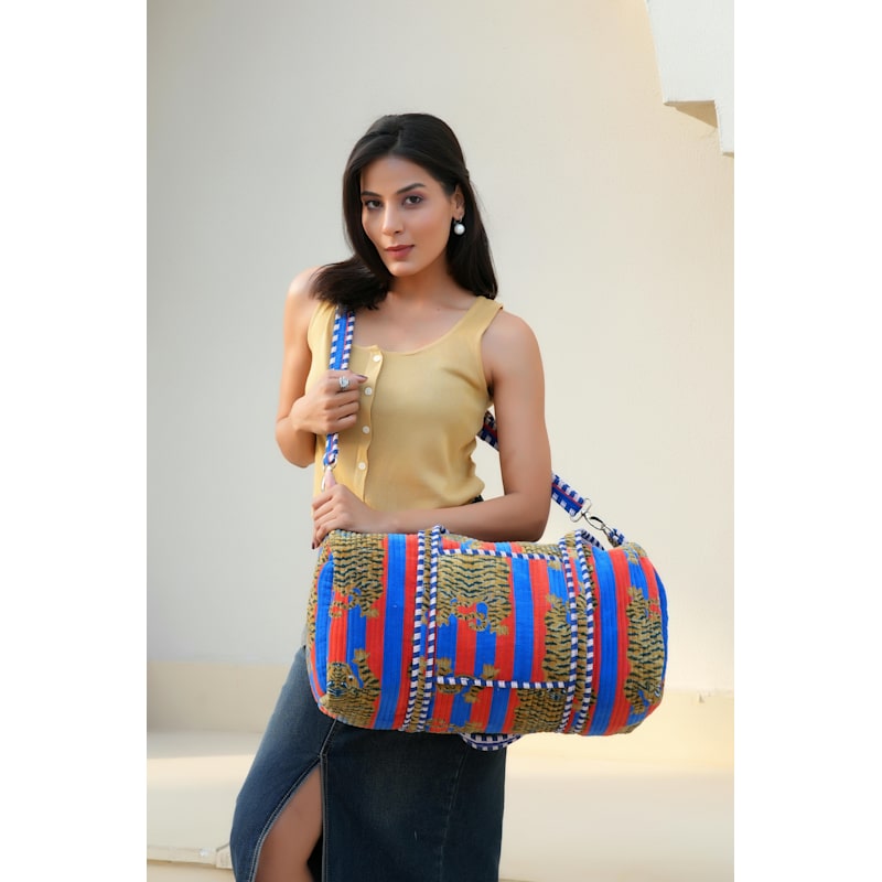 Thumbnail of The Tibetan Tiger Velvet Weekender - Orange And Pink image