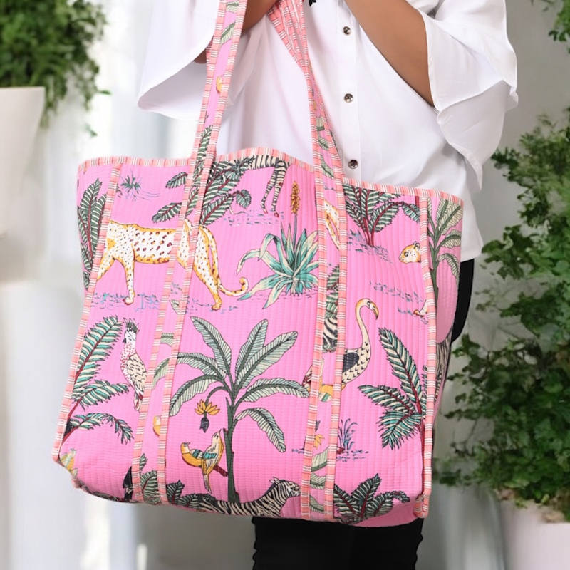 Borsa In Tela Con Stampa Fogliame Tropicale Rosa: Tote Bag Ecologica E Riutilizzabile Per La Spesa, La Spiaggia O La Vita Di Tutti I Giorni - 2
