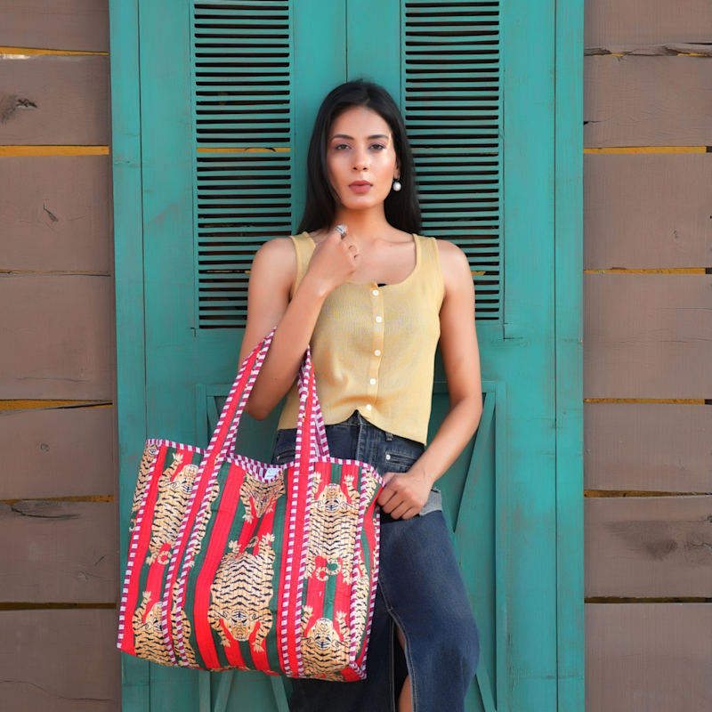Thumbnail of The Ultimate Tibetan Tiger Tote In Green & Red image