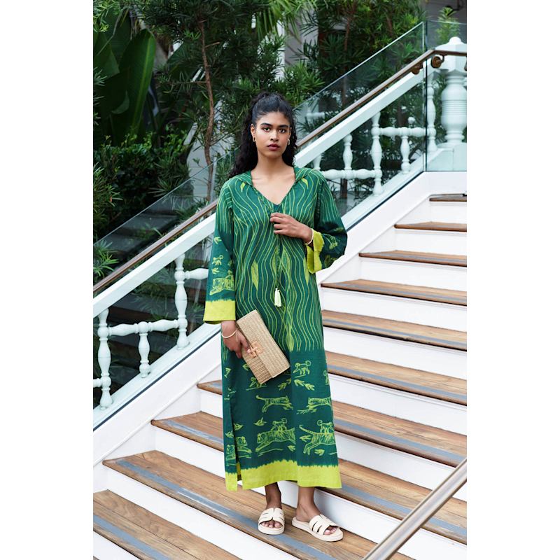 Thumbnail of The Veronica Organic Handloomed Green And Yellow Cotton Kaftan Dress image