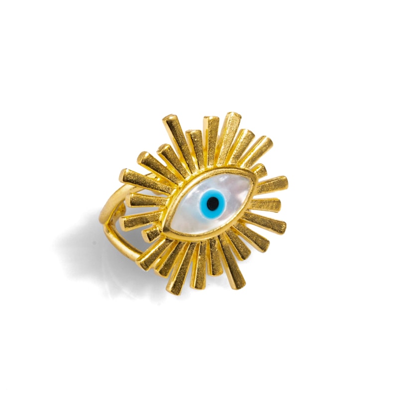 Thumbnail of Third Eye Guardian Pearl & Gold Chunky Ring - Blue image