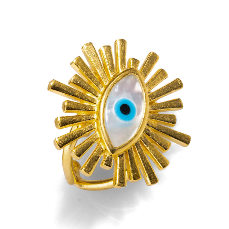 Thumbnail of Third Eye Guardian Pearl & Gold Chunky Ring - Blue image