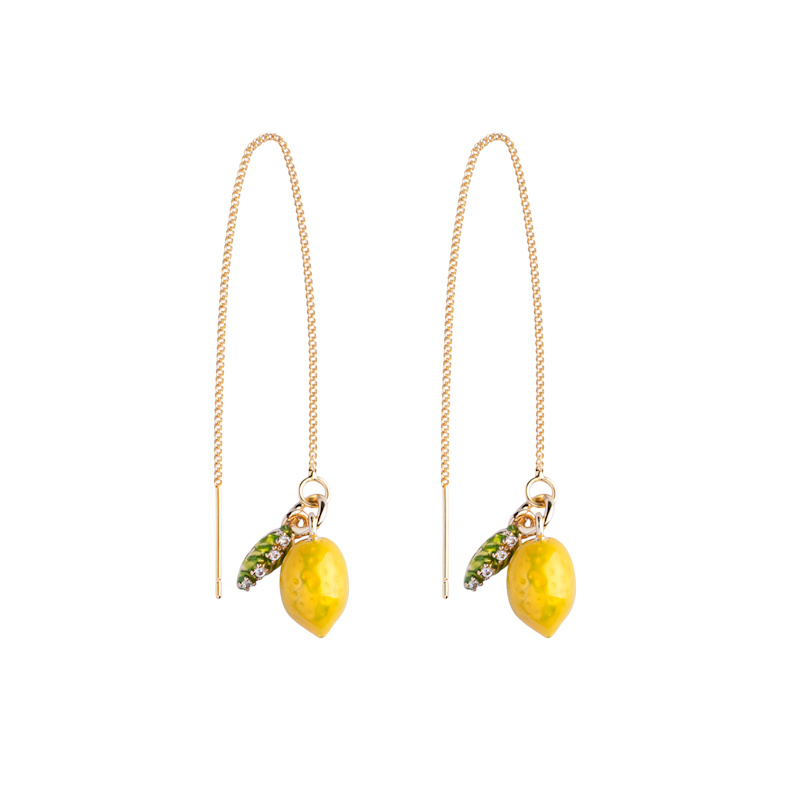 Thumbnail of Gold Plated Threader Earrings – Delicate Pull-Through Dangling Earrings With Lemon Charm image