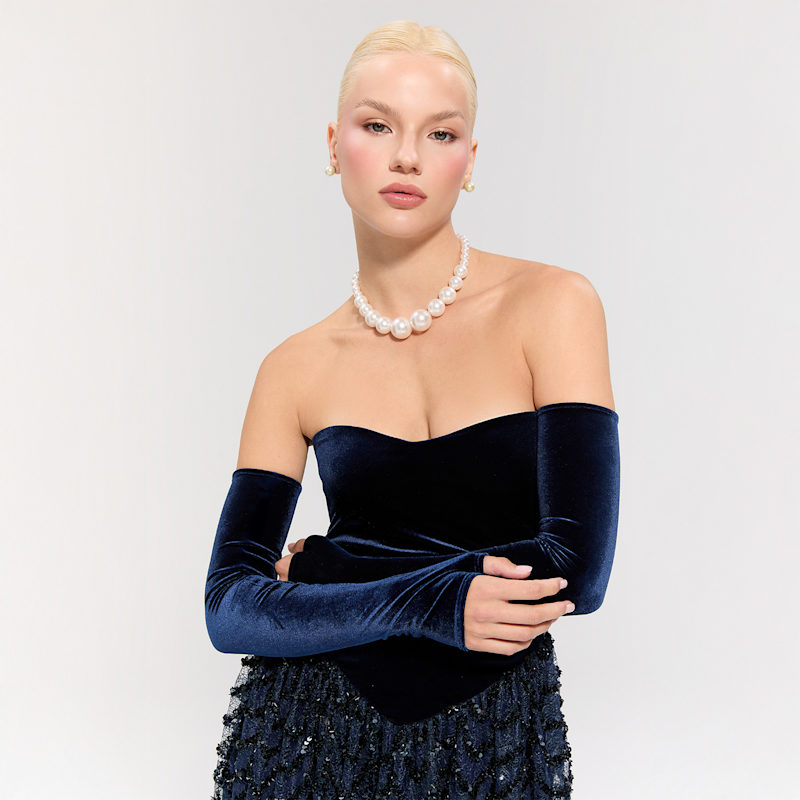 blue velvet dress with gloves Long Velvet Strapless Prom Dress with Gloves -PromGirl Burgundy / XLarge main image 0
