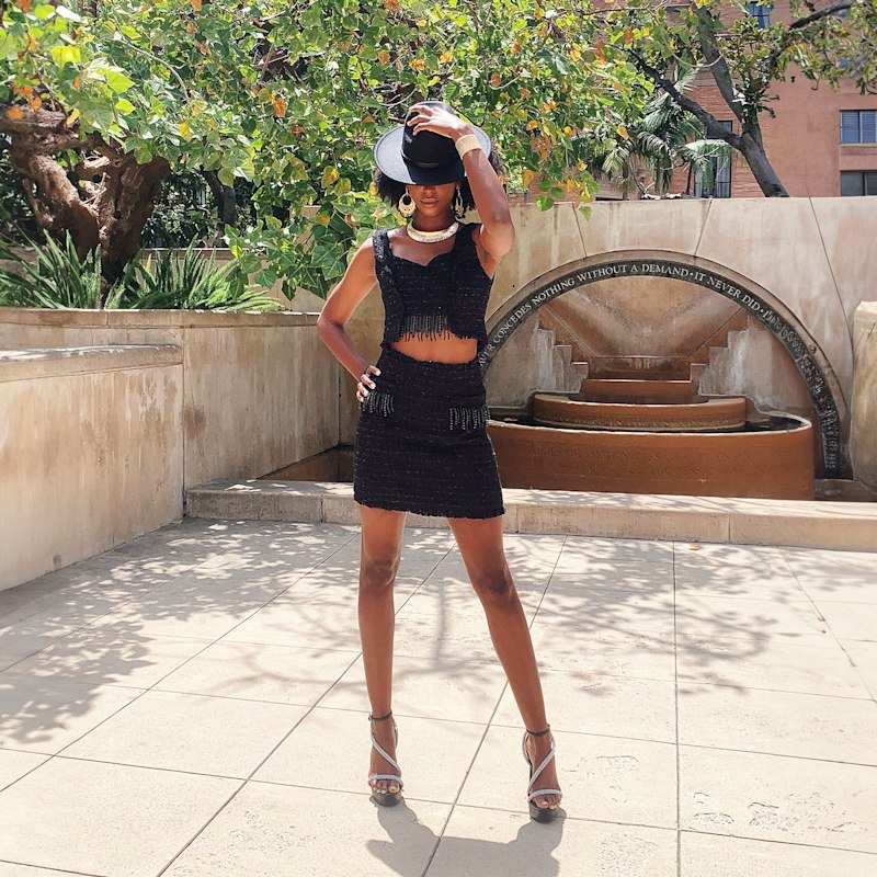 Thumbnail of Tia Sleeveless Crop Top In Shimmering Black Tweed Bouclé With Beaded Fringes image