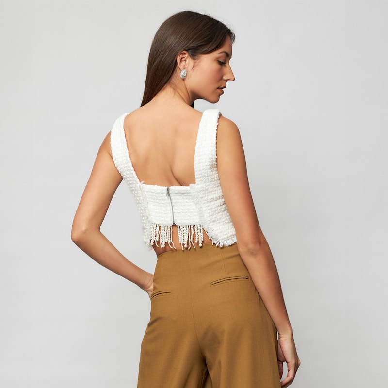 Thumbnail of Tia Sleeveless Crop Top Shimmering White Tweed Bouclé With Pearl Fringes image