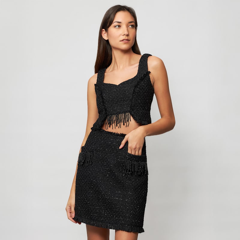 Thumbnail of Tia Sleeveless Crop Top In Shimmering Black Tweed Bouclé With Beaded Fringes image