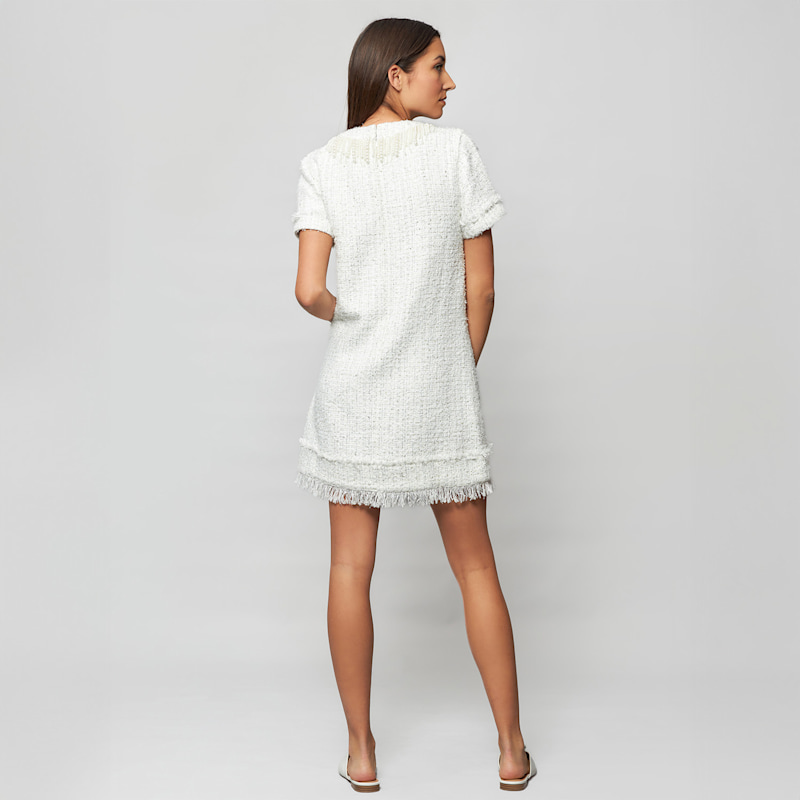 Thumbnail of Tia Short Sleeves Sheath Mini Dress In Sequin-Embellished White Tweed Bouclé With Pearl Fringe Details image
