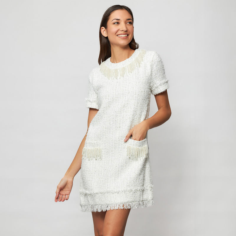 Tia Short Sleeves Sheath Mini Dress In Sequin-Embellished White