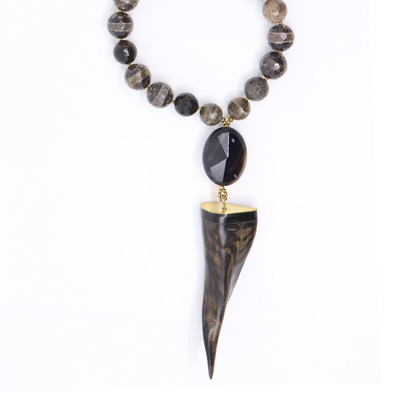 Thumbnail of Horn Tusk Amulet & Tibetan Agate Statement Beaded Necklace image