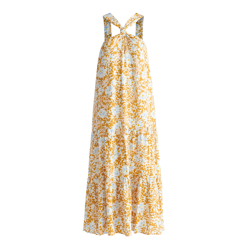 off white floral tiered halter maxi dress Yellow and Ivory Floral Tiered Halter Maxi Dress | Womens | X-Large | 100% Polyester
