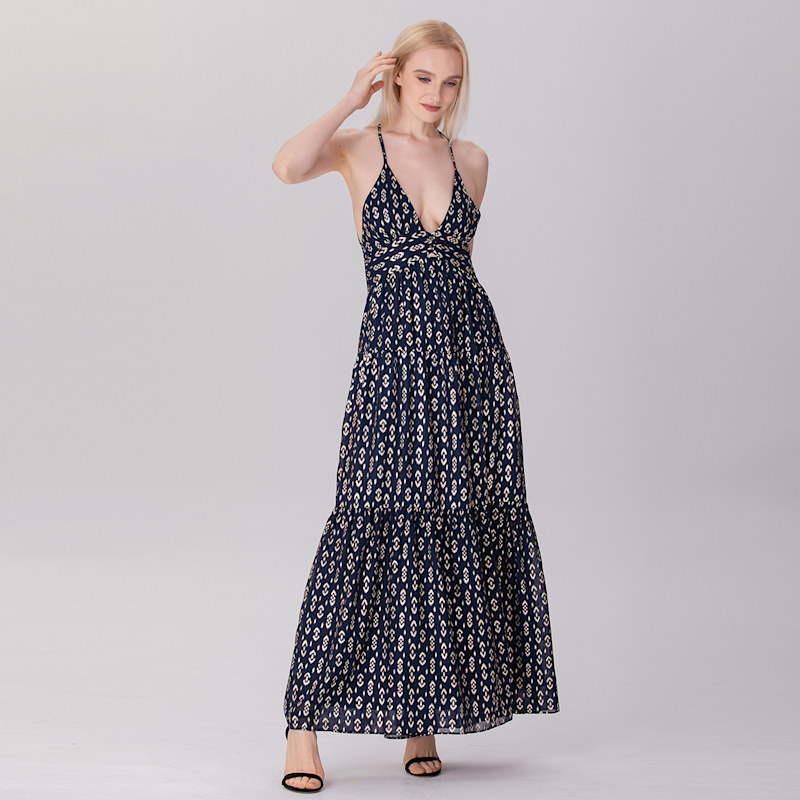 Thumbnail of Tiered Panels Backless Strappy Maxi Dress - Navy image