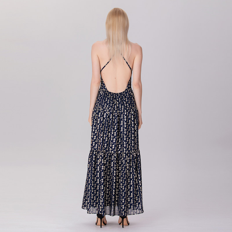 Thumbnail of Tiered Panels Backless Strappy Maxi Dress - Navy image