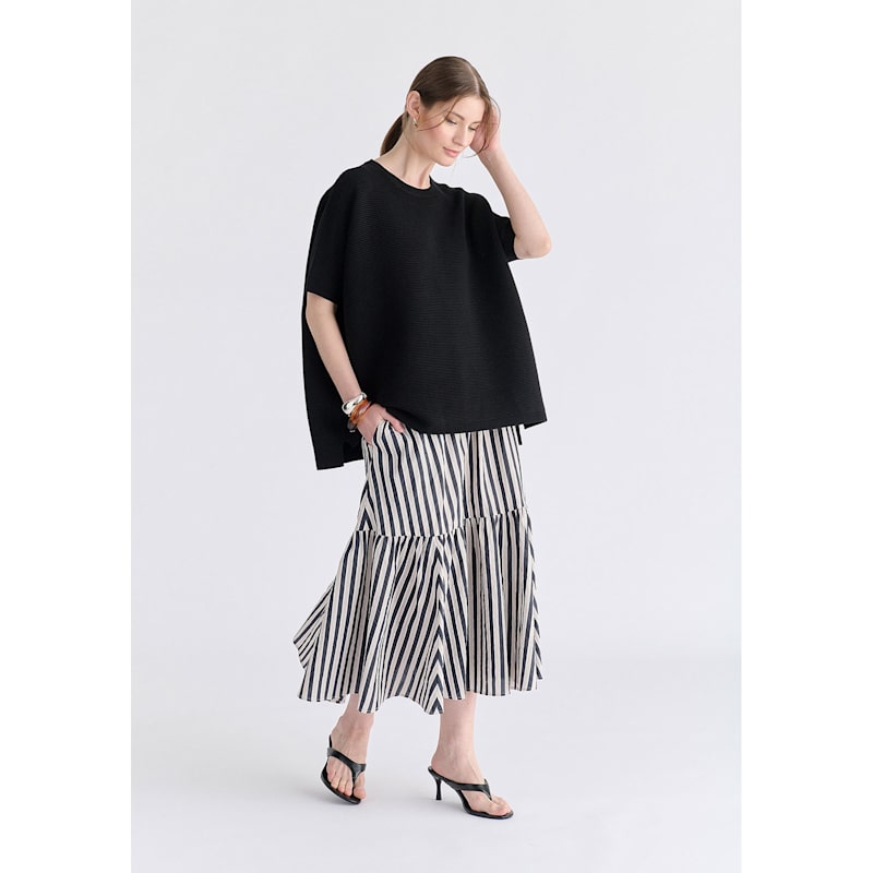 Thumbnail of Tiered Striped Midi Skirt In Cream And Black image